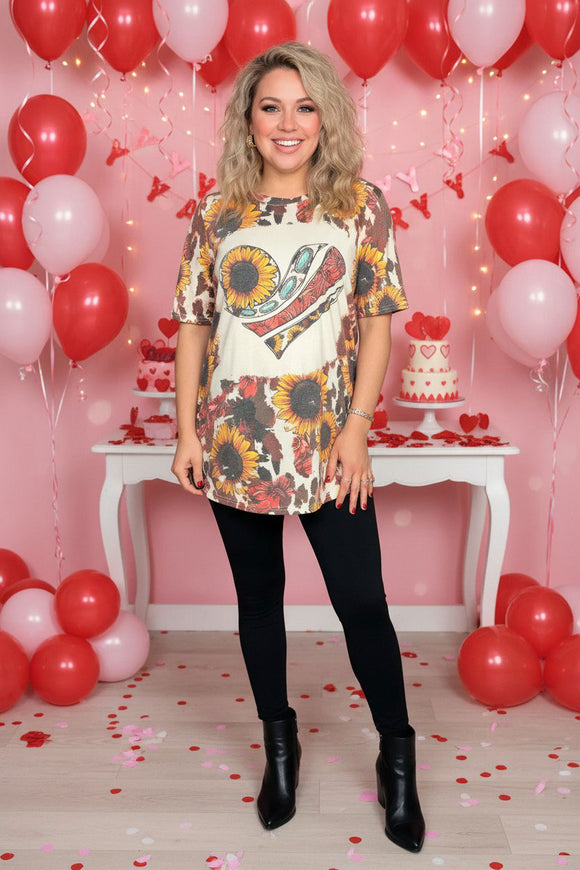 Valentine Sunflower&Jewel/Paisley hearts print short sleeve women top DLH12411