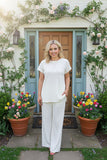 White textured short sleeve top & wide leg pant 2pc women set XCH16517 IS4