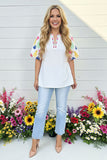 Spring floral embroidery puff short sleeve white women blouse XCH16531