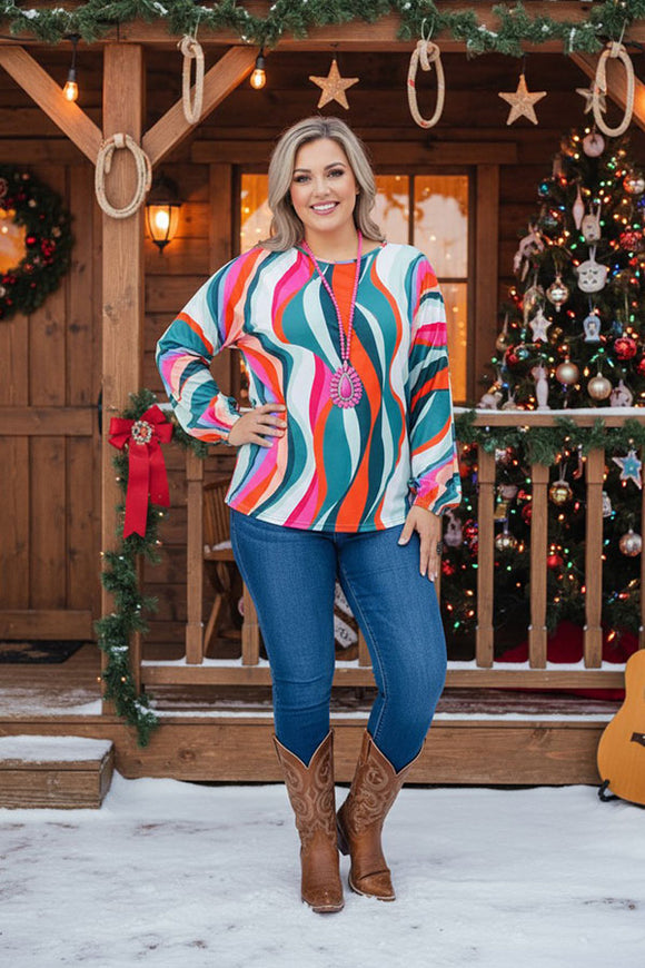 Teal/turquoise printed wave shape long sleeve/elastic cuff women top YMY15526 (DS5)