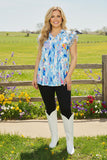 XCH15853 Light blue floral multi color printed black dot ruffle sleeve women's top w/string EF floor
