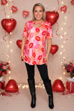Valentine lips printed short sleeve women top w/tie hole neckline BQ12655