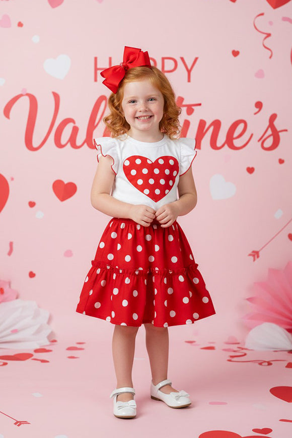 Hearts printed white short sleeve top & polka dots skirt girls set XCH04016