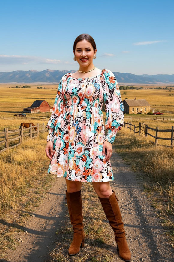 Multi color floral printed shirred square collar raglan long sleeve women dress BQ16305 (BS3)