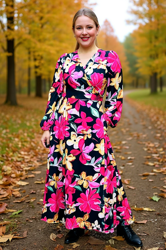 Flora printed long sleeve women's maxi dress with belt BQ16314 (AS4)