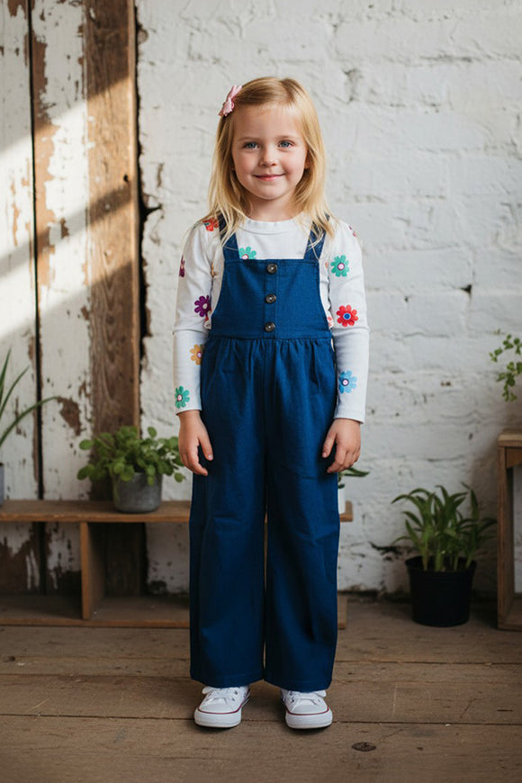 Ribbed knitted floral top blue denim junmpsuit 2pc girls set 250941M