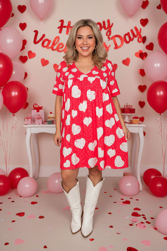 Valentine's Heart & red leopard printed short sleeve women dress XCH14685