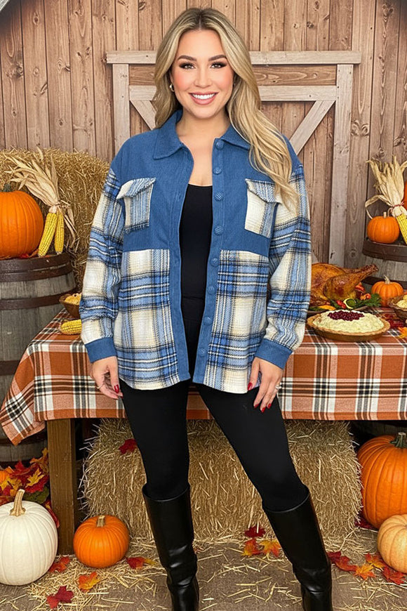 Blue plaid long sleeve women jacket w/buttons up XCH16527