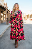 Fuchsia floral printed long sleeeve women maix dress with elastic waist GJQ16279 (BS8)
