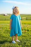 XCH0020-5H Blue long style short sleeve girls dress (A2S8)