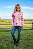 Bows printed & pearls pink long sleeve women shirts XCH16785