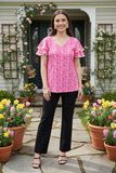 Southern Stitch Pink floral printed & puff short sleeves white trim women top XCH16951 ES2