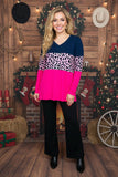Navy blue & Leopard & Hot pink color block long sleeve women top BQ14198 CS5