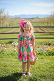 Girls dress wholesale suppliers Green & fuchsia prints & puff short sleeves XCH03020 (A2S1)