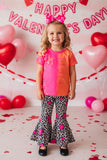 XCH0018-22  Pink & Orange printed top leopard & hearts bell bottom 2pcs girls sets (A6S3)