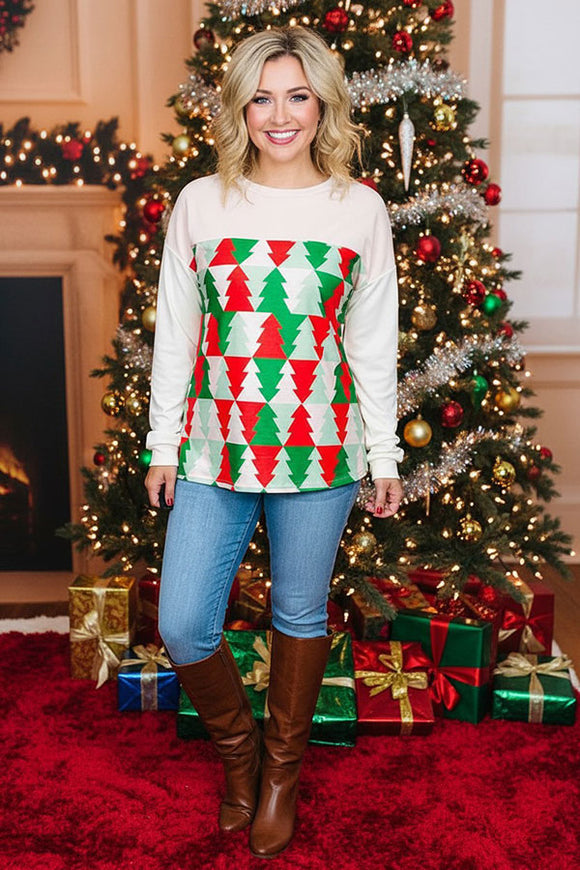 Red/green Christmas tree printed drop shoulder long sleeve women shirts BQ15418 DS8