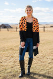 Waffle leopard printed & black color block long sleeve women cardigan BQ15494