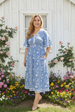 Blue floral printed & lace trim bell short sleeve rayon maxi women dress GJQ16689