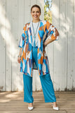 Western geometric graphic printed cardigan & turquoise pants 2pc women set GJQ15773