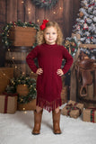 Red knit long sleeve girls sweater dress w/tassels DLH2516  (A2S8)