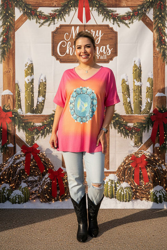 Wholesale women t-shirt Western turquoise jewel print, side slits XCH10565 ES11