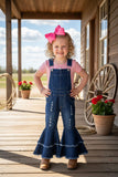 One piece adjustable washed blue denim fabric double ruffle girls jeans 250932M A11S8