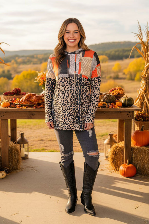 Orange & grey patterns printed & leopard hoodie long sleeve women tops YMY12331 (BS12)