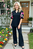 Southern Stitch suppliers Floral embroidery puff sleeves black textured women blouse XCH16529( DS4)