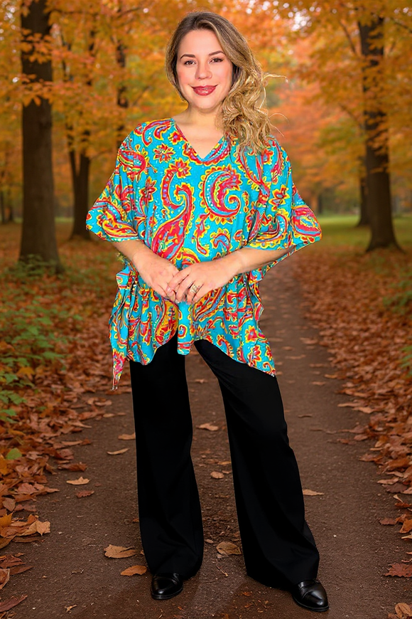 Western paisley printed short sleeve women blouse w/v neckline GJQ16579