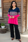 Navy blue & Leopard & Hot pink color block long sleeve women top BQ14198 CS5