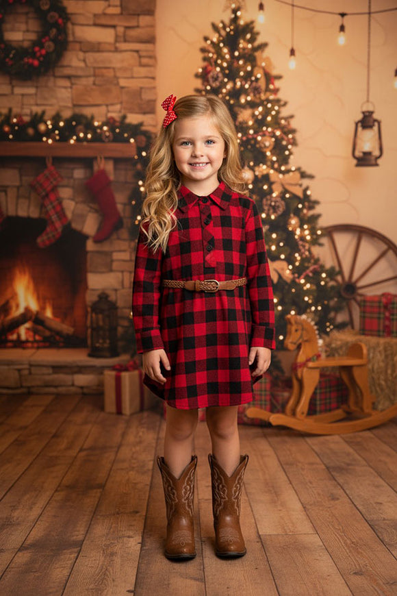 Christams Red black checkered long sleeve girls dress with pocket & belt XCH03030