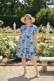 Blue floral printed ruffle short sleeve elegant women dress GJQ16380 AS12
