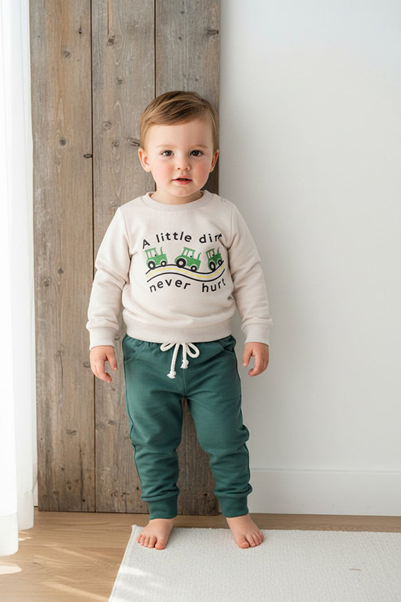A little dirt never hurt embroidery long sleeve top & green pant 2pc baby set 250940M
