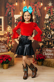 Red velvet ruffle sleeve top & leather skirt girls outfit sets DLH2635 (A5S4)