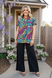 Western leopard double ruffle/black pompom short sleeve women tops BQ15644 FS3
