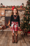 DLH2821 Knit cotton black long sleeve top flannel plaid skirt girls sets (A10S4)