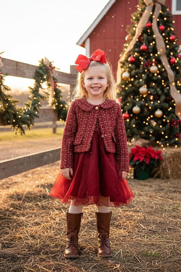 Christmas Burgundy sparkle coat & tulle dress 2pc girls clothing sets DLH2826