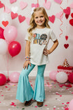 BE MINE Leopard heart printed short sleeve top bell bottoms 2pc girls sets DLH2748 (A5S4)