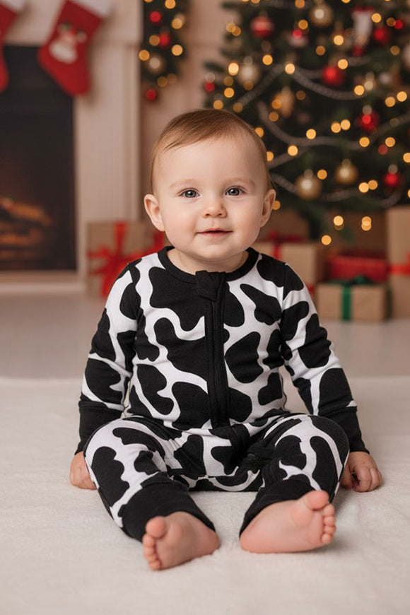 Bamboo cow printed long sleeve zipper baby romper DLH2885 A13S4