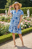 Blue floral printed ruffle short sleeve elegant women dress GJQ16380 AS12