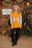 Aztec printed & knitted block yellow solid color long sleeve women tops BQ14390