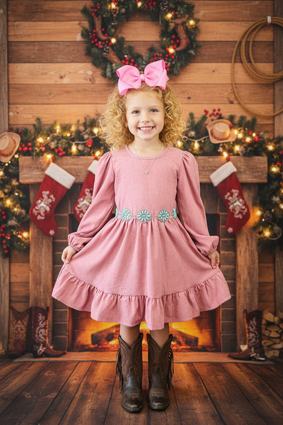 Corduroy long sleeve pink ruffle girls swirl dress DLH2641