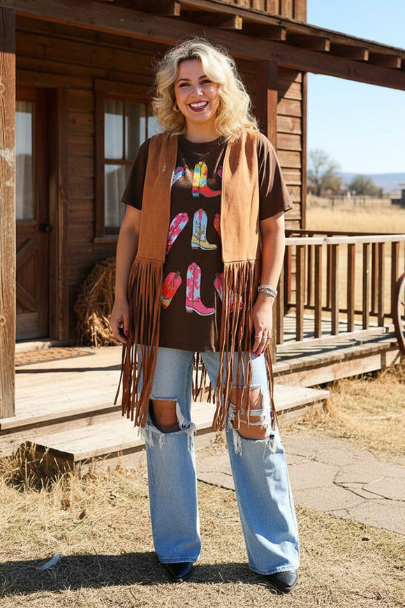 Women's clothing wholesale Tan suede long fringe tassel women vest/cardigan BQ13618 (CS5)