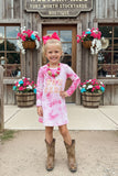 DLH2653 COWGIRL embroidery pink tie dye knit cotton long sleeve girls dress (A1S7)