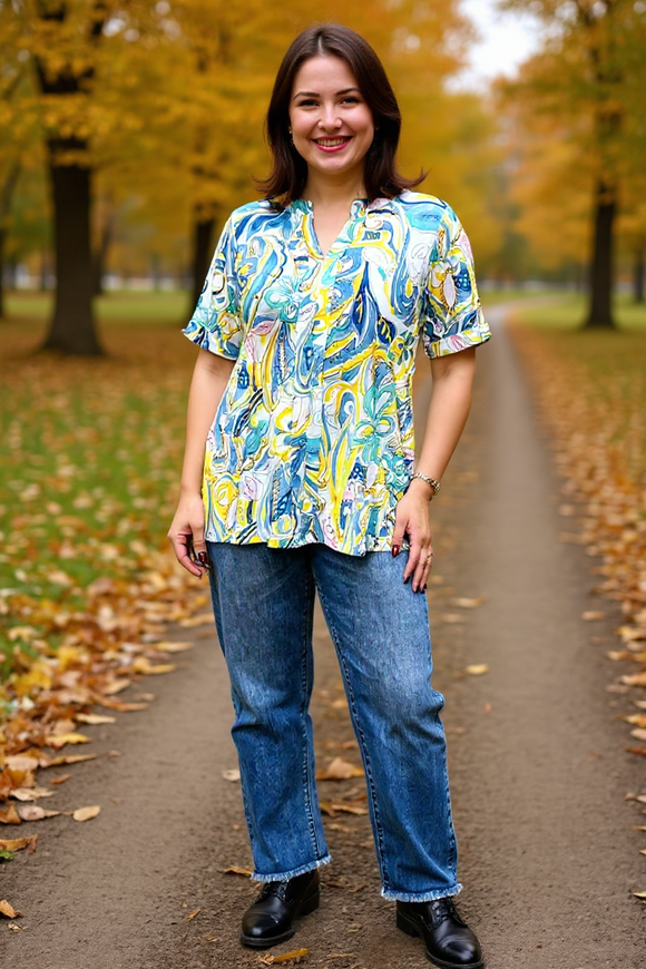 Western yellow & blue floral printed short sleeve women blouse BQ16262 FS6/ES6