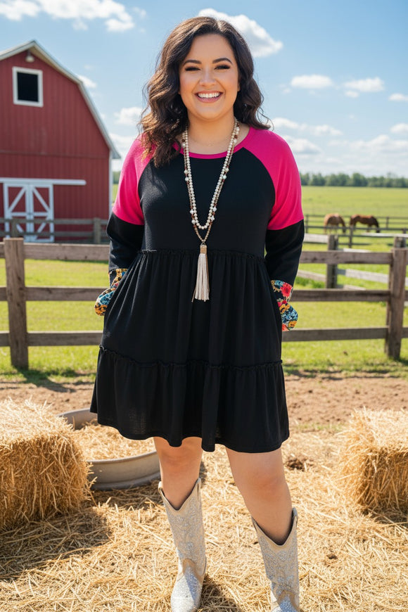 Fuchsia & Black & Western printed raglan long sleeve women dress BQ13861 BS7