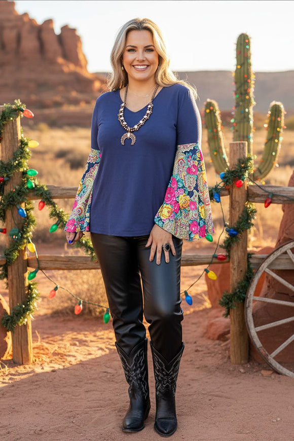 GJQ12917 Blue women blouse w/floral multi color printed bell long sleeves ES8