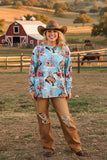 Wild west horse riding printed blue long sleeve women blouse XCH16597