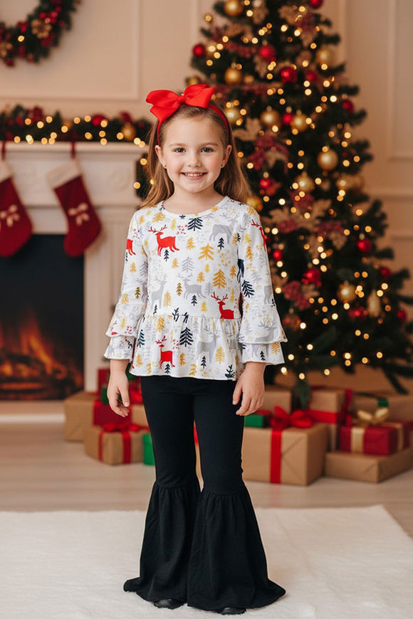 Multi Color Deers & Trees print bell-bottom girls clothing sets XCH0013-17H A9S8