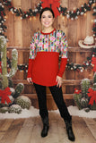 Floral & striped with burgundy color blocked long sleeve women tops DLH11643 (CS3)